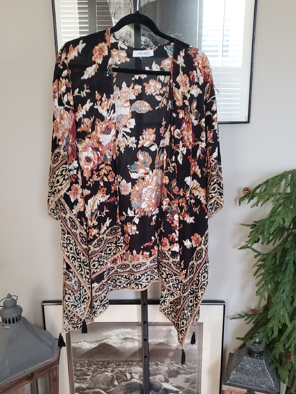 #73 Nine West Black Floral Draped Kimono with Rust & Cream Accents